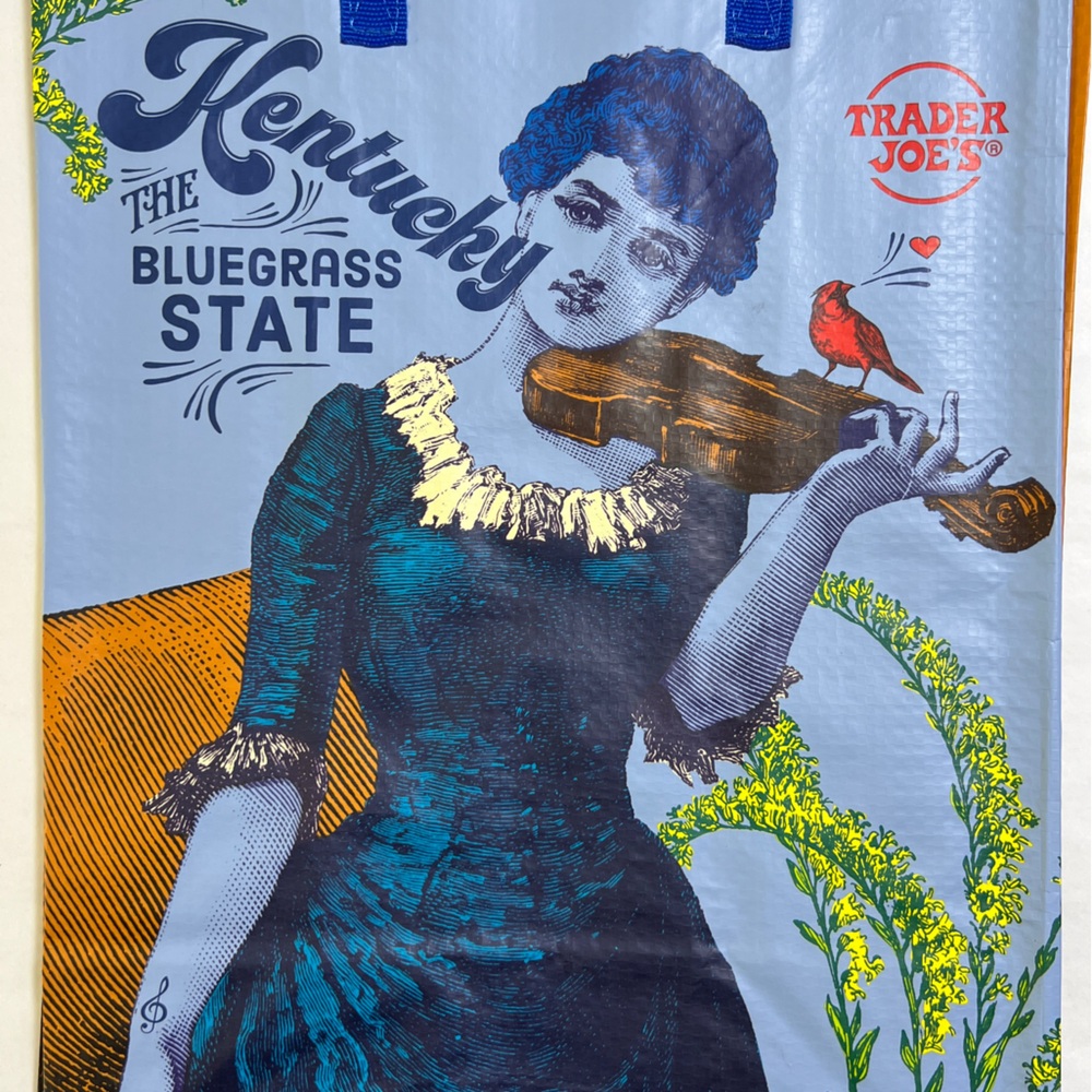 Trader Joe's Kentucky Blue and Yellow Tote Bags 5 FIVE NEW BUT BRUISED BAGS